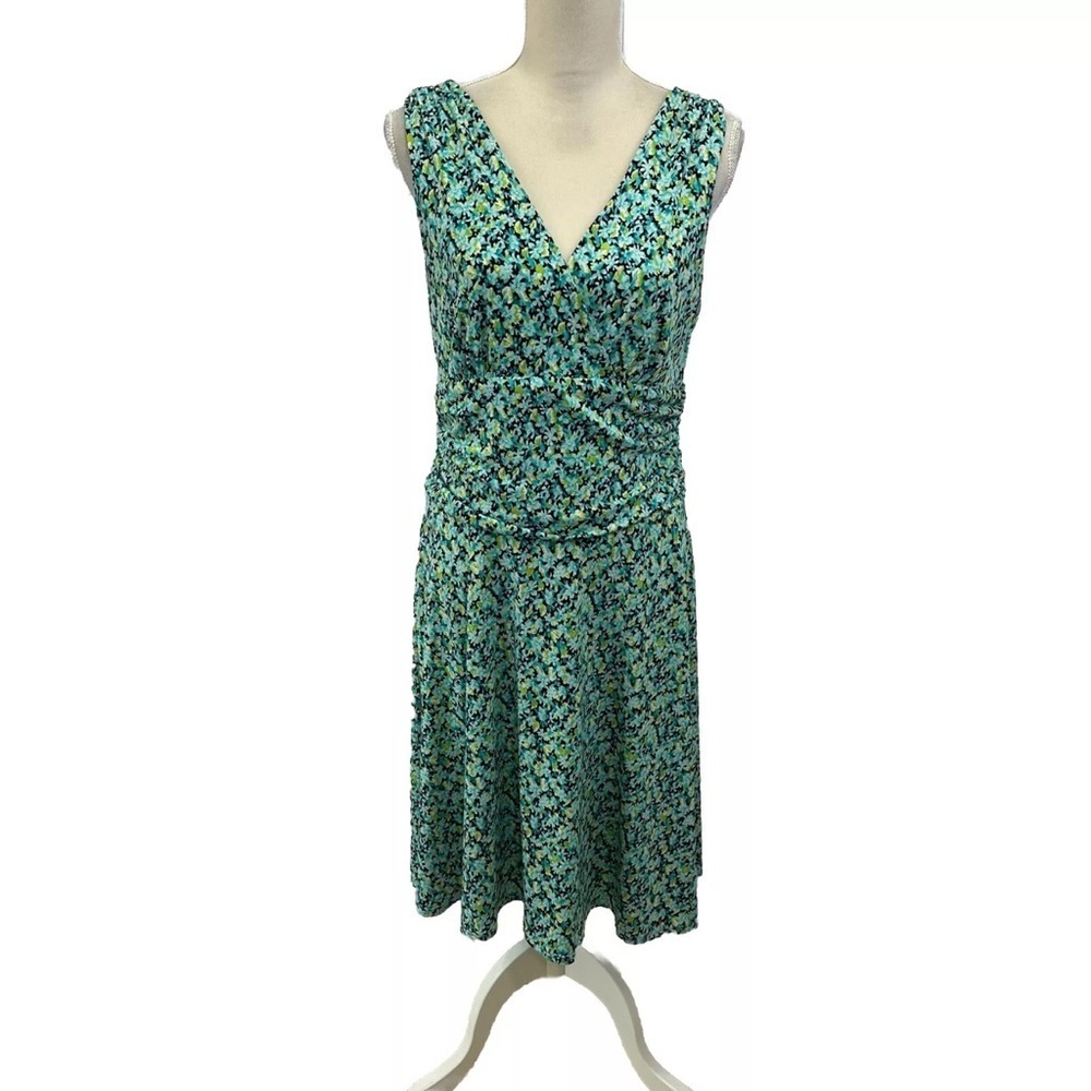 Glamour Green Floral Flare Dress Size 12 Sleeveless V Neck Stretch